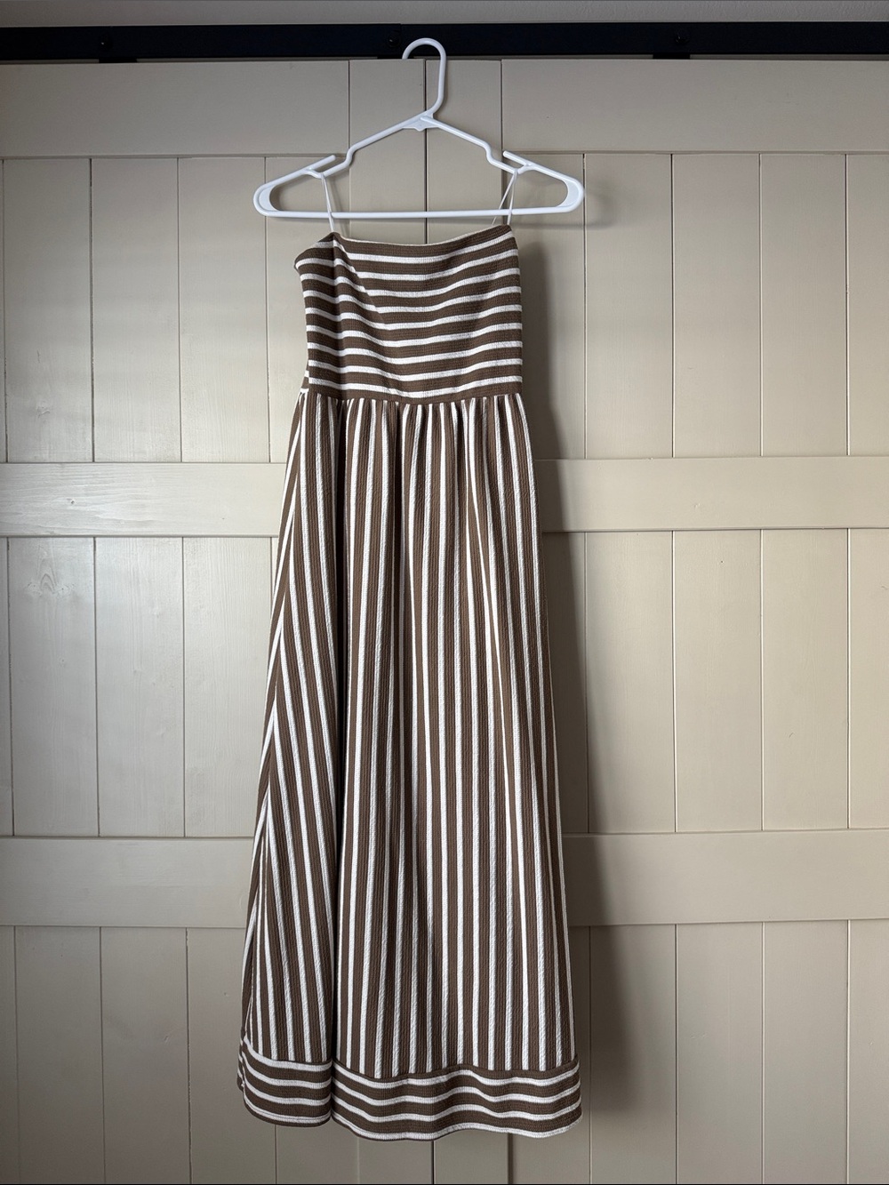 Striped Strapless Maxi Dress in Brown and White